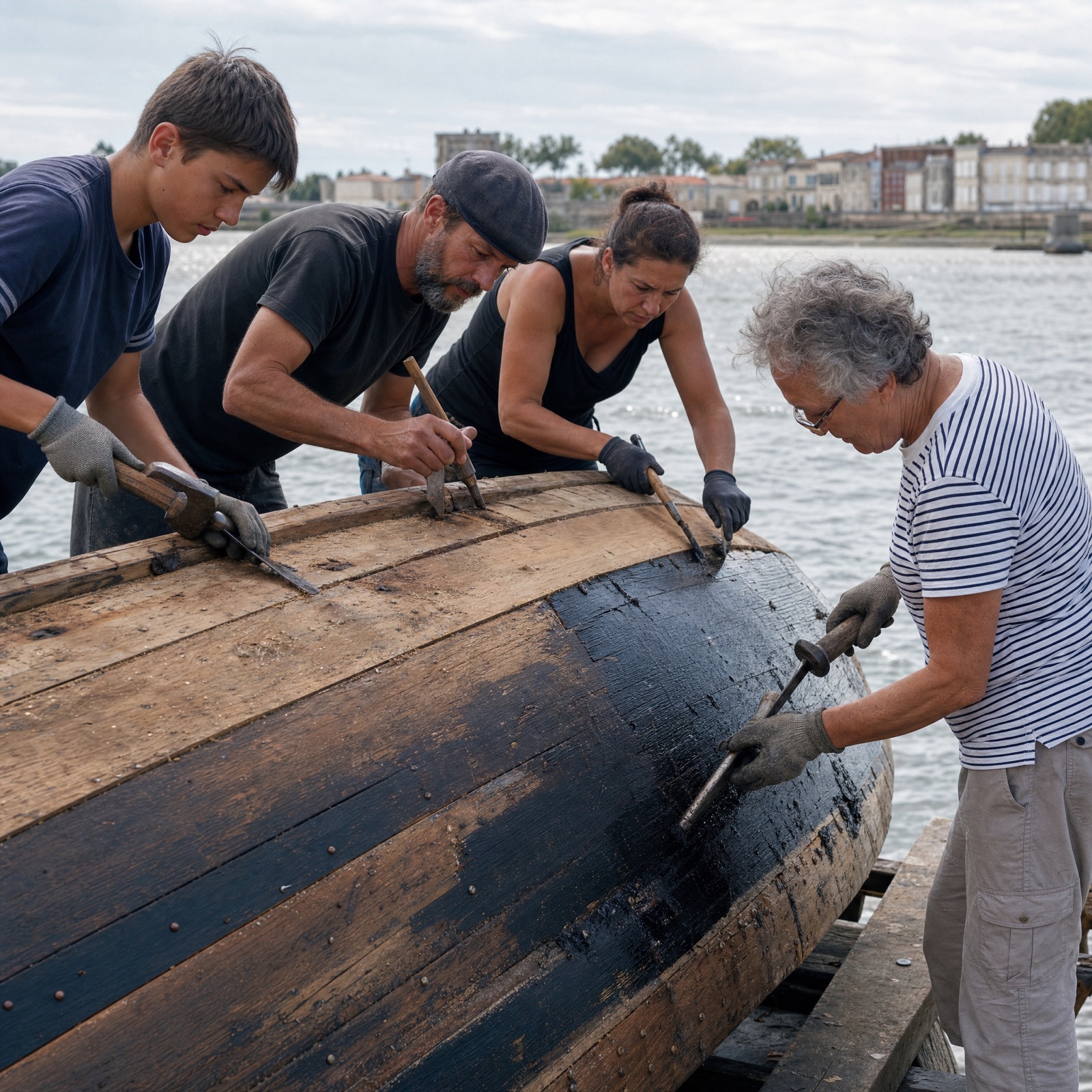 Bénévole photographiant une balise sur le rivage de la Gironde